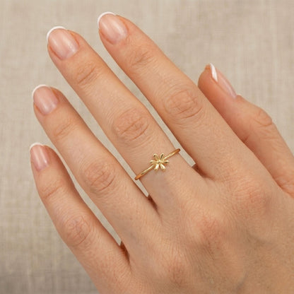 A close-up of a person's hand wearing a gold ring with a small flower design.