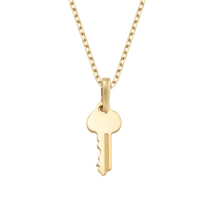 A gold-colored necklace with a single key-shaped pendant.