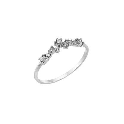 A silver ring with a unique design featuring a row of small diamonds or gemstones arranged in a decorative pattern.