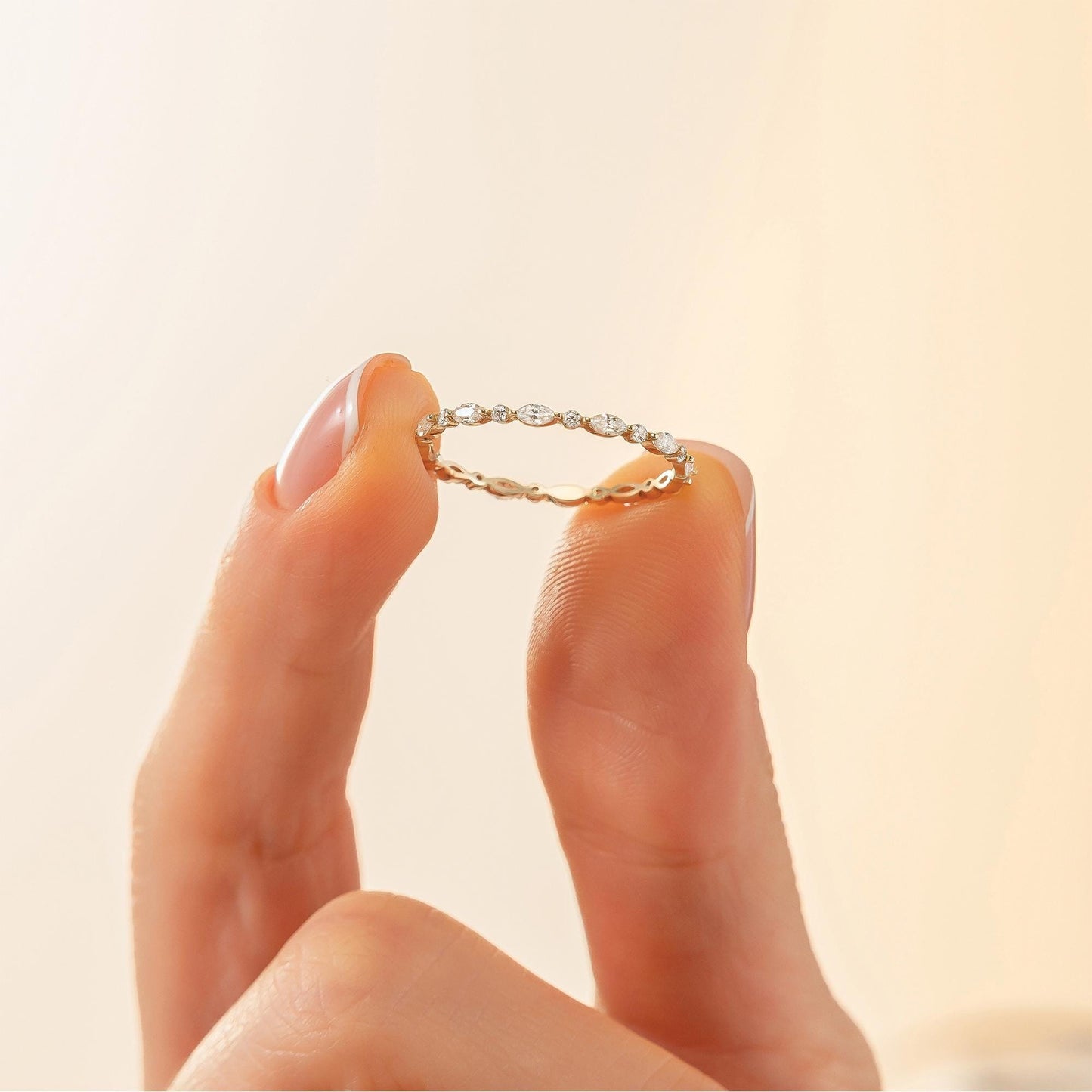 Marquise & Round Eternity Wedding Band, Dainty Stacking Ring in 14K Solid Gold, Dainty Match