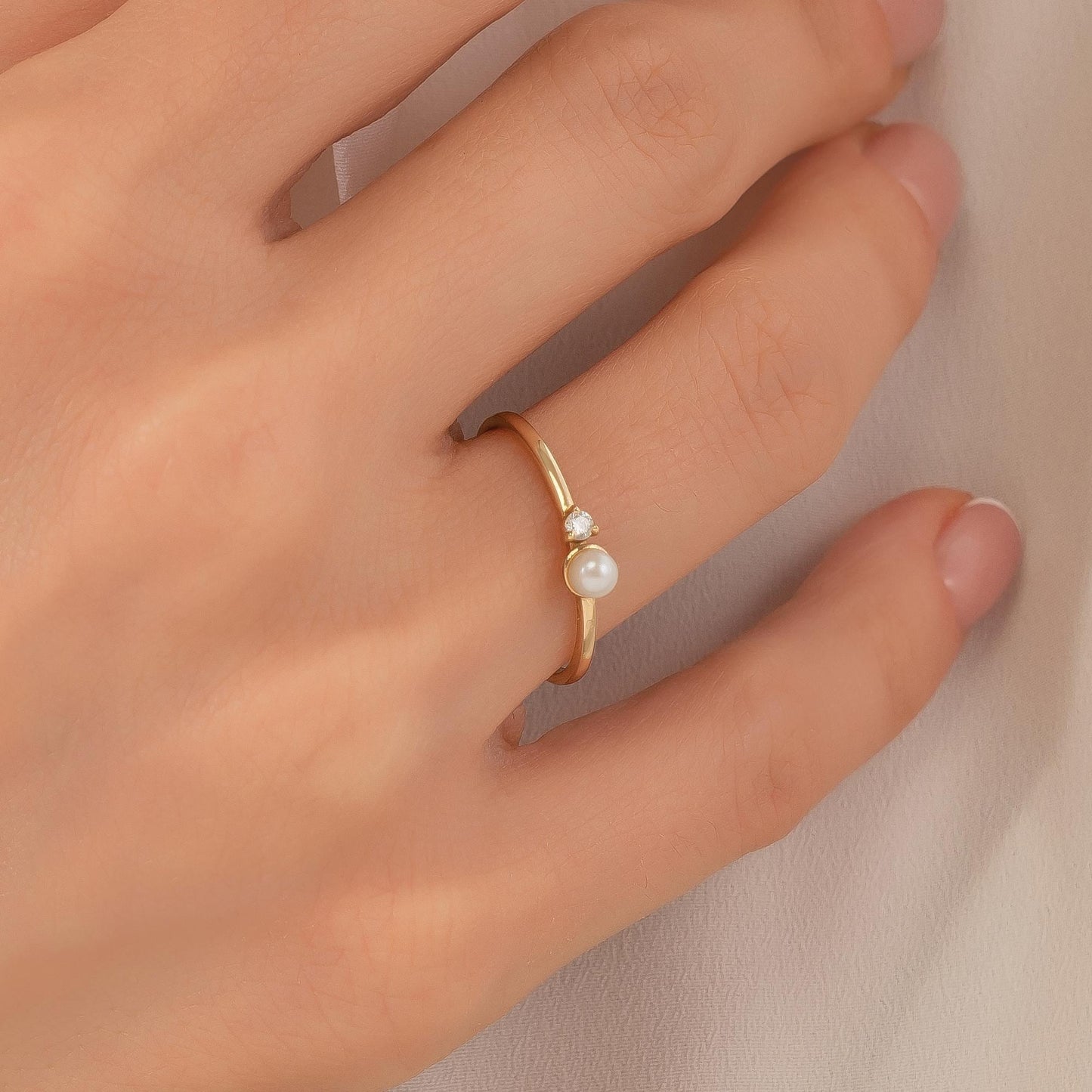 14K Solid Gold Pearl Ring with Tiny Diamond Accent, Dainty Minimalist Stacking Jewelry