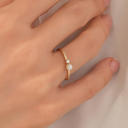 14K Solid Gold Pearl Ring with Tiny Diamond Accent, Dainty Minimalist Stacking Jewelry