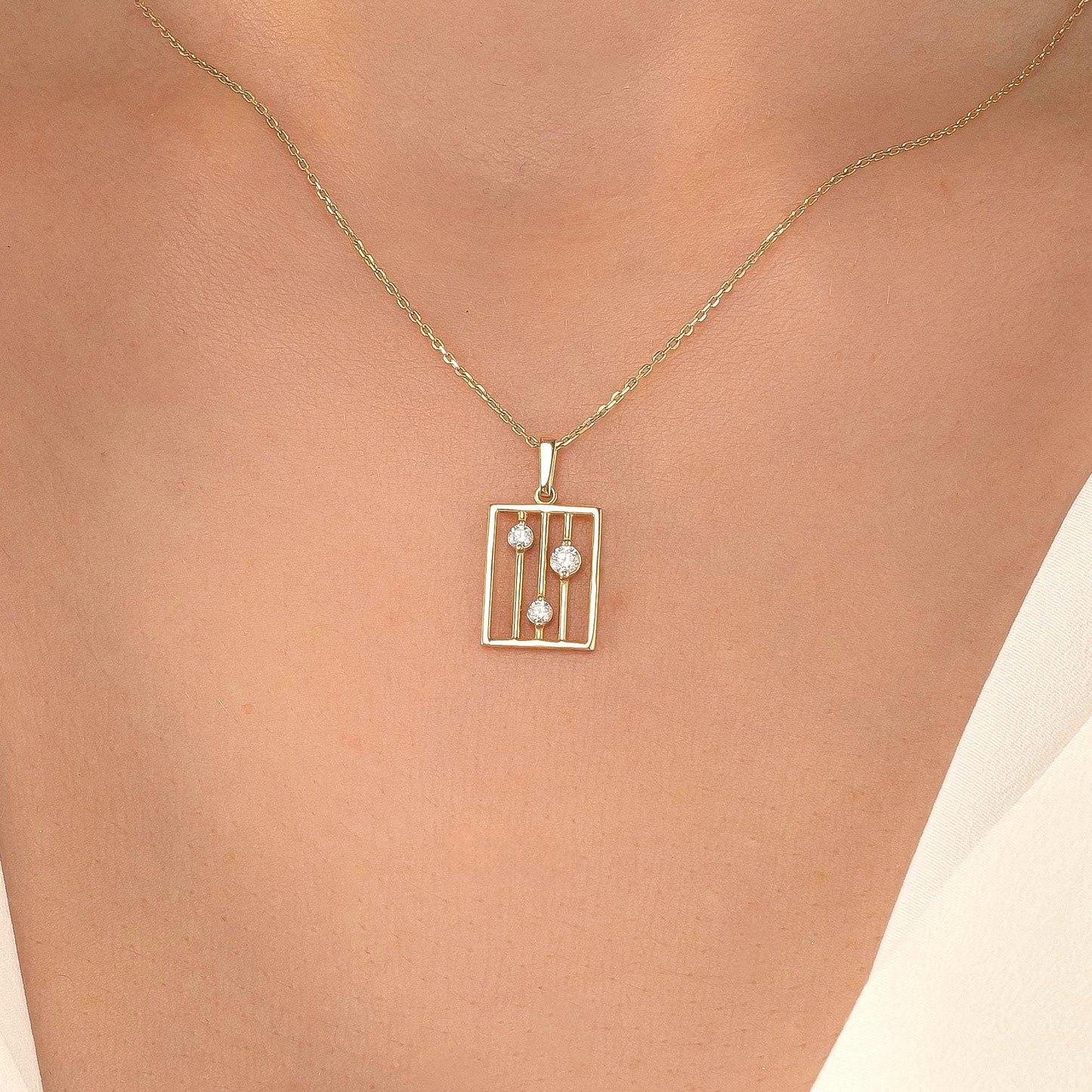 Minimal Three Stone Bar Pendant, 14K Solid Gold Necklace, Geometric Open Frame Charm, Gift for Her