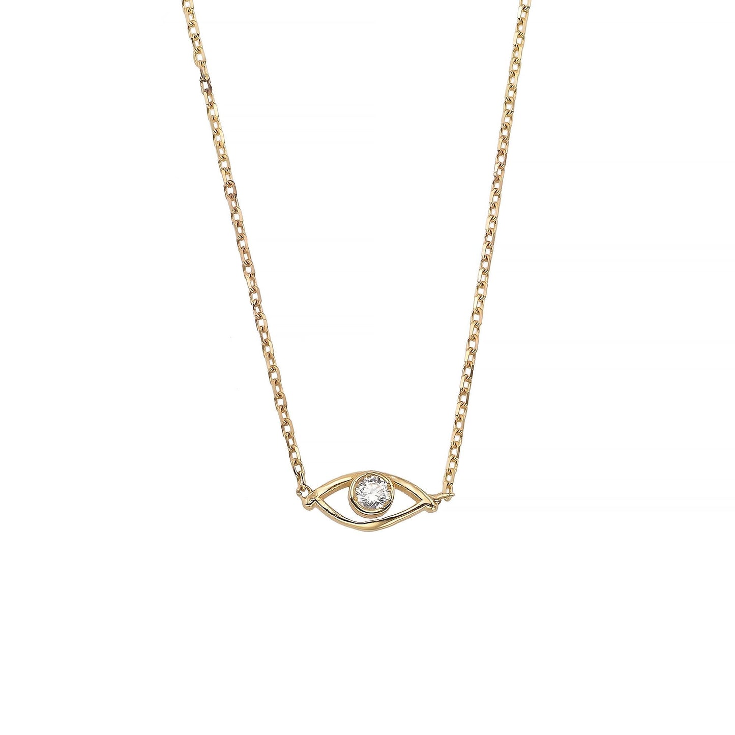 A gold necklace with a diamond-encrusted eye pendant.