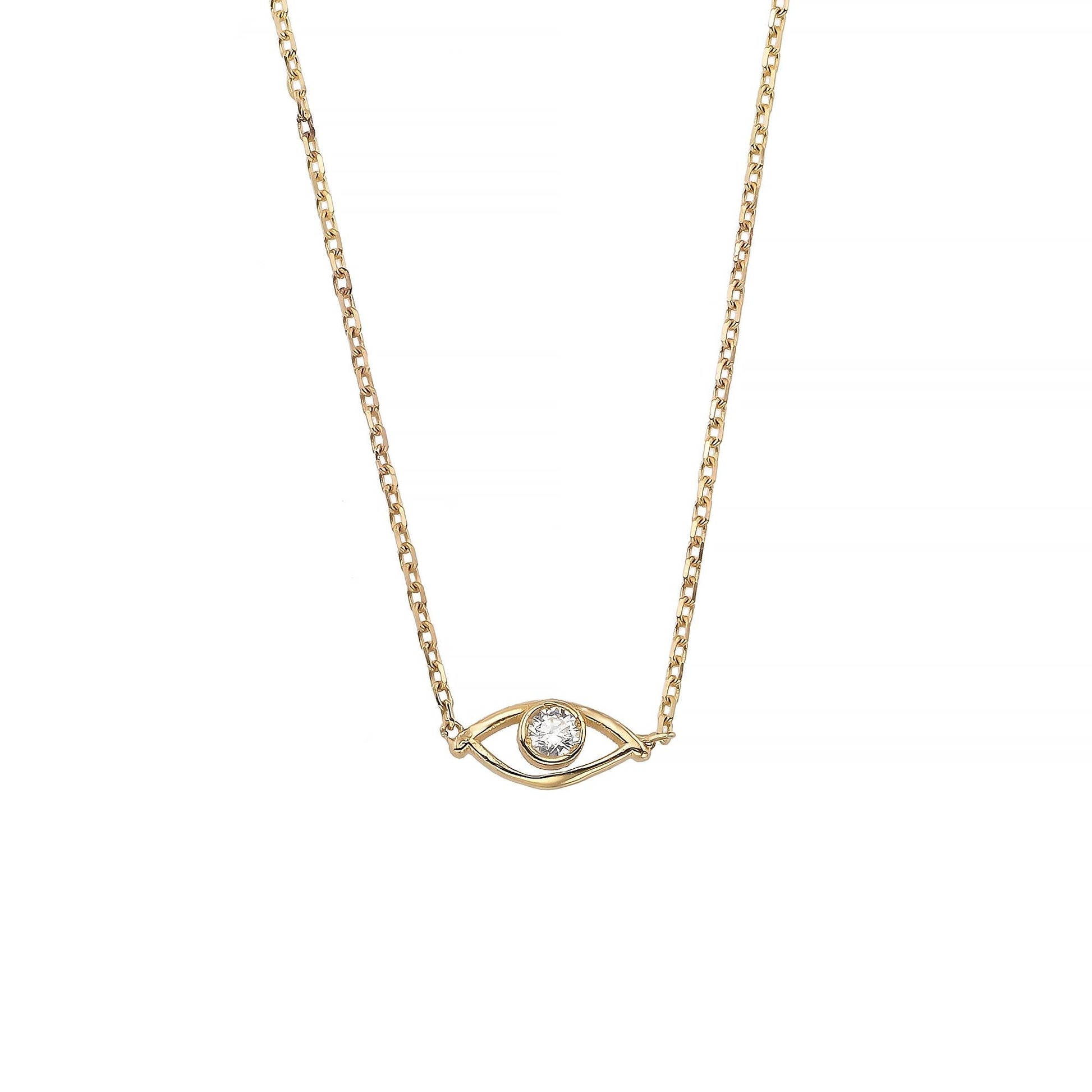 A gold necklace with a diamond-encrusted eye pendant.