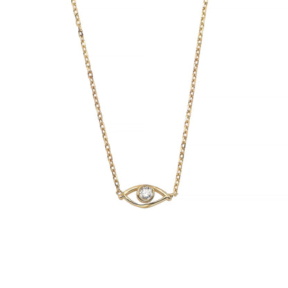 A gold necklace with a diamond-encrusted eye pendant.