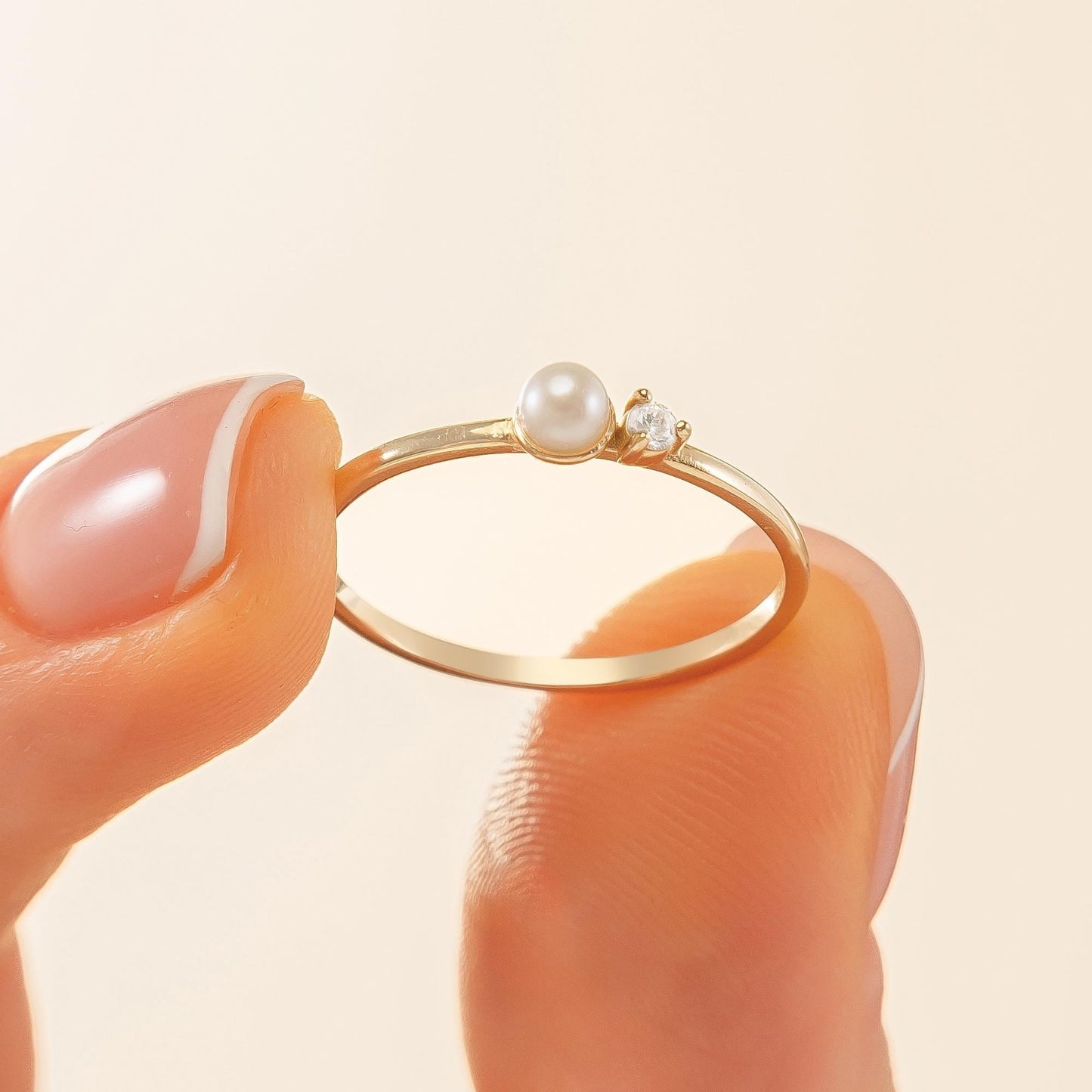 14K Solid Gold Pearl Ring with Tiny Diamond Accent, Dainty Minimalist Stacking Jewelry