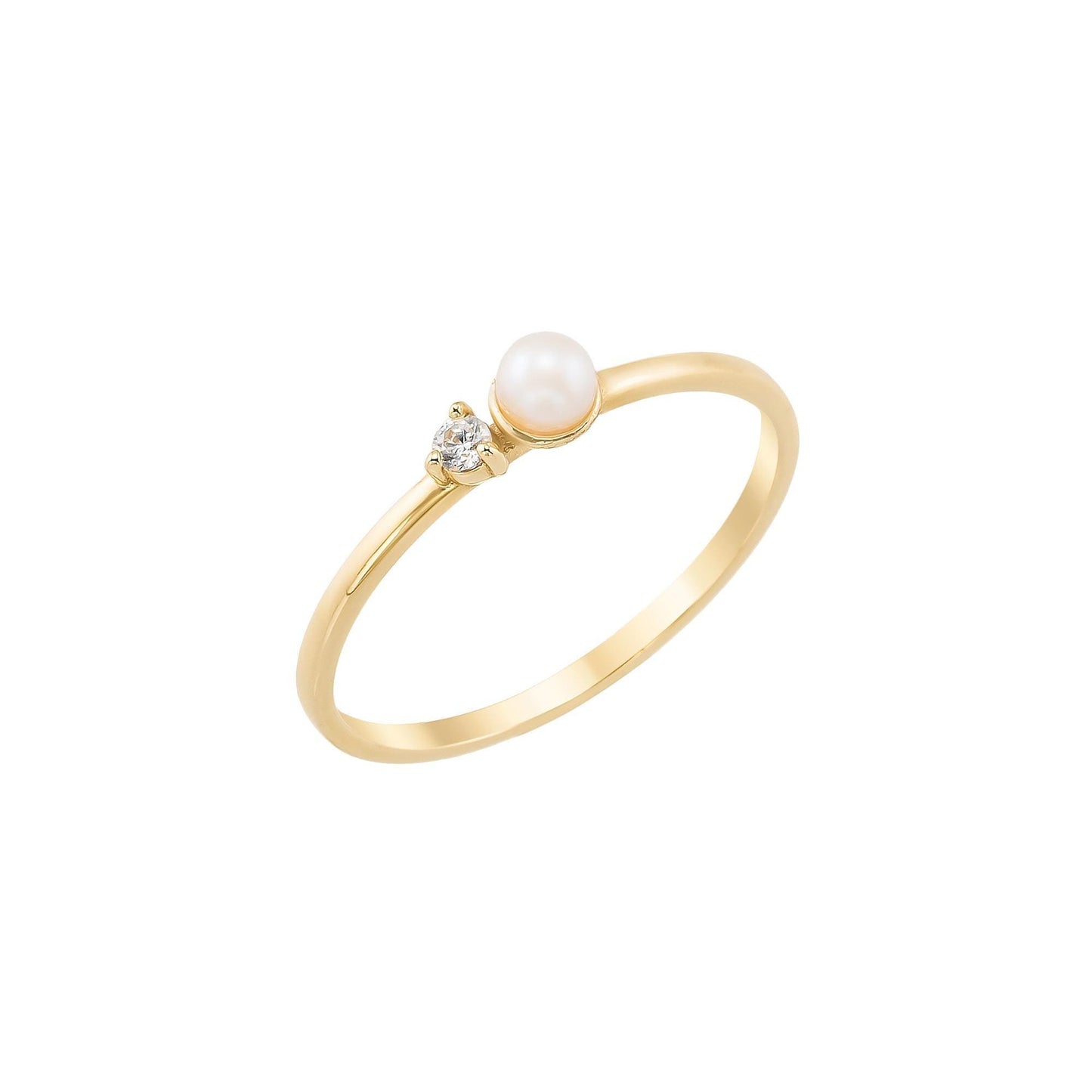 14K Solid Gold Pearl Ring with Tiny Diamond Accent, Dainty Minimalist Stacking Jewelry