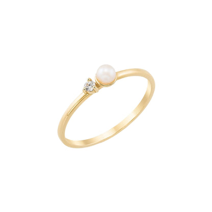 14K Solid Gold Pearl Ring with Tiny Diamond Accent, Dainty Minimalist Stacking Jewelry
