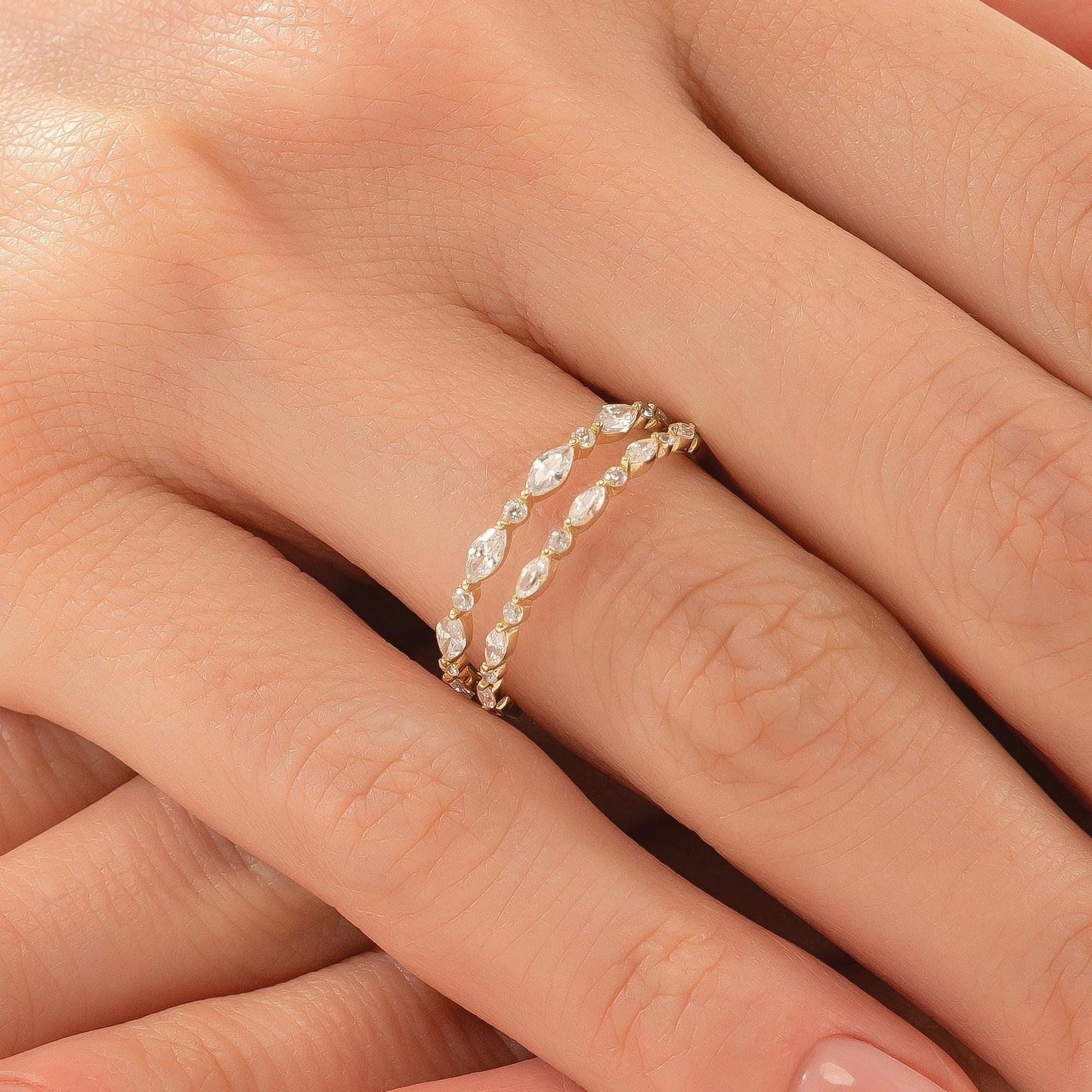 Marquise & Round Eternity Wedding Band, Dainty Stacking Ring in 14K Solid Gold, Dainty Match