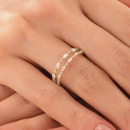 Marquise & Round Eternity Wedding Band, Dainty Stacking Ring in 14K Solid Gold, Dainty Match