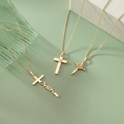 14K Solid Gold Puffy Cross Pendant, Minimalist Layering Necklace, Faith Jewelry