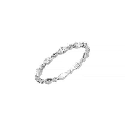 A silver ring with a row of small, clear gemstones set in a decorative pattern.