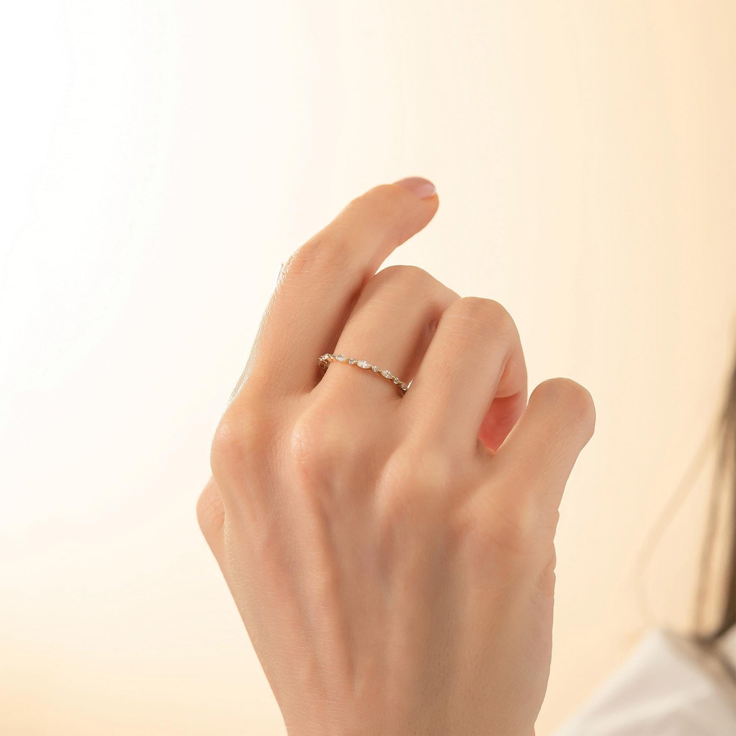 Marquise & Round Eternity Wedding Band, Dainty Stacking Ring in 14K Solid Gold, Dainty Match