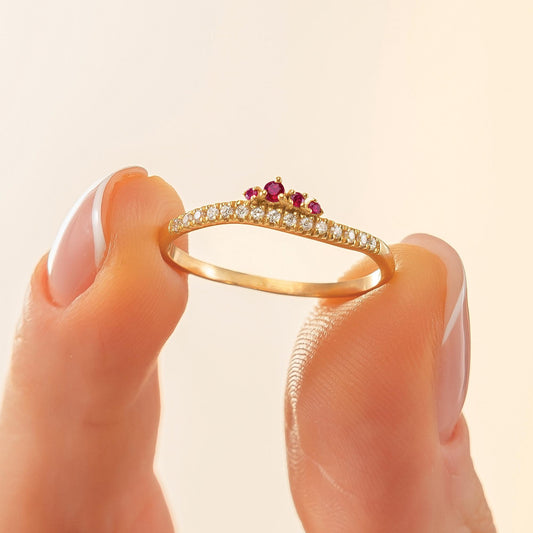 14K Solid Gold Crown Cluster Ruby Curved Ring, Minimal Stackable Crown Chevron Band