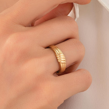 A close-up of a person's hand wearing a gold ring on the ring finger.