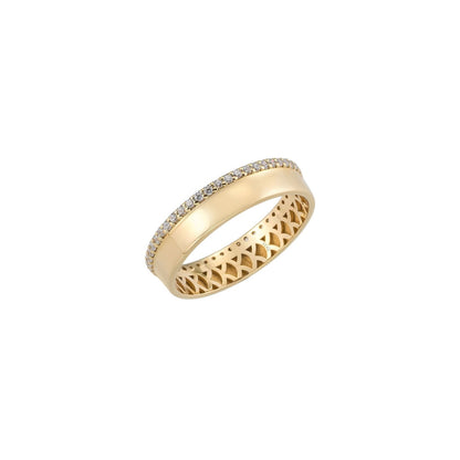 A gold ring with a band and a row of small diamonds along the band.