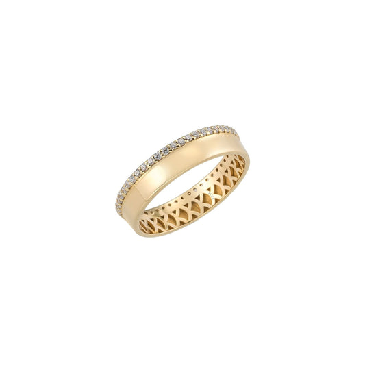 A gold ring with a band and a row of small diamonds along the band.