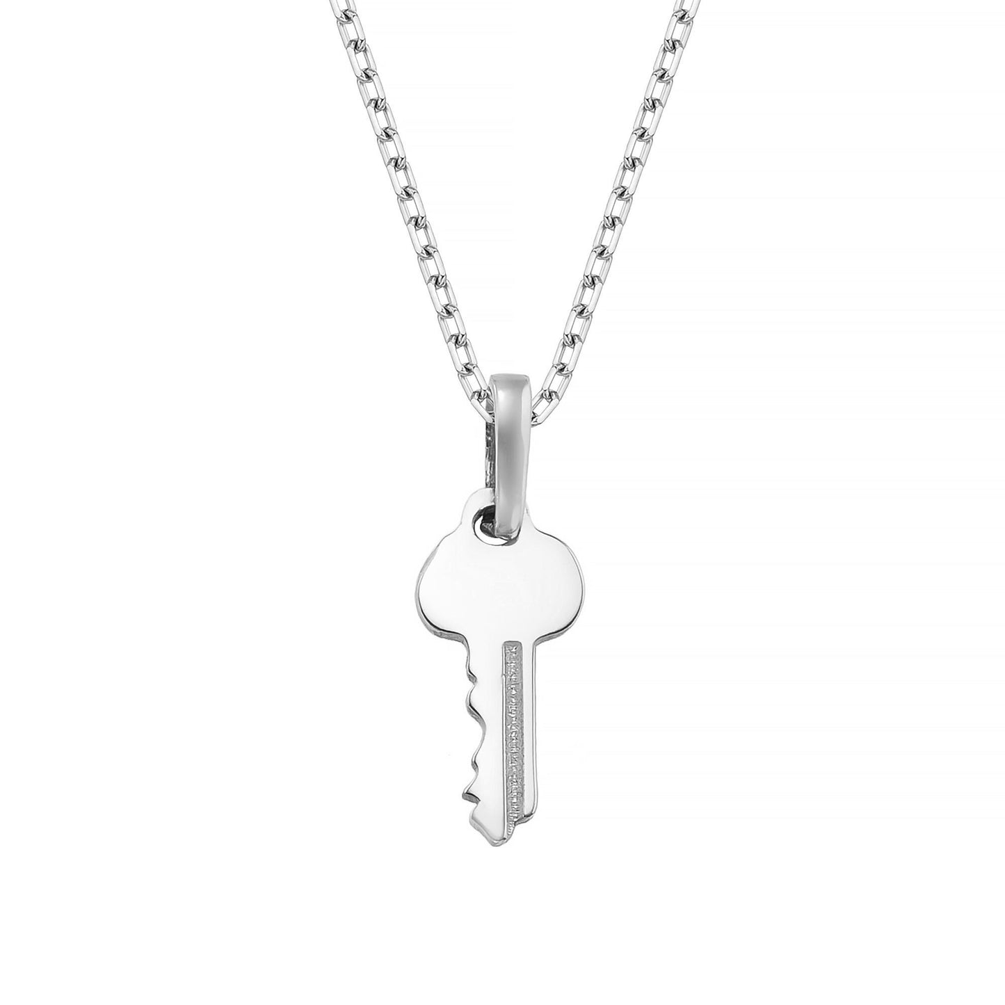 A silver-colored necklace with a key pendant hanging from it.