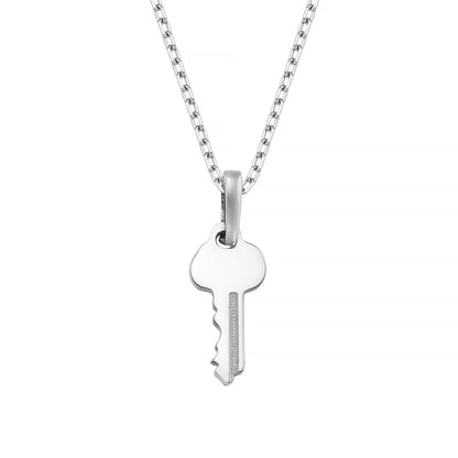 A silver-colored necklace with a key pendant hanging from it.