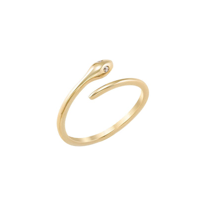 A gold ring with a snake-shaped design and a small gemstone.