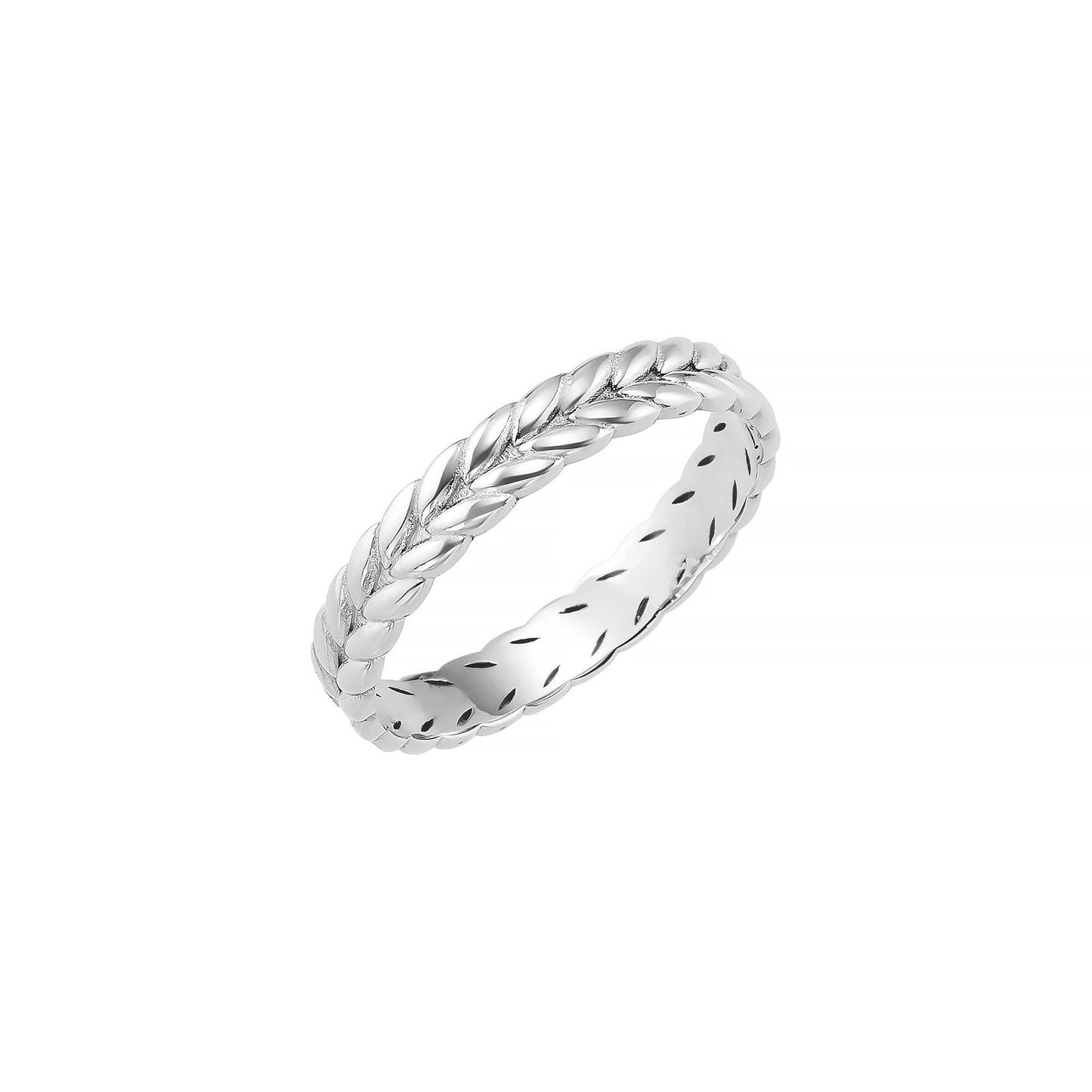 A silver ring with a braided band design.