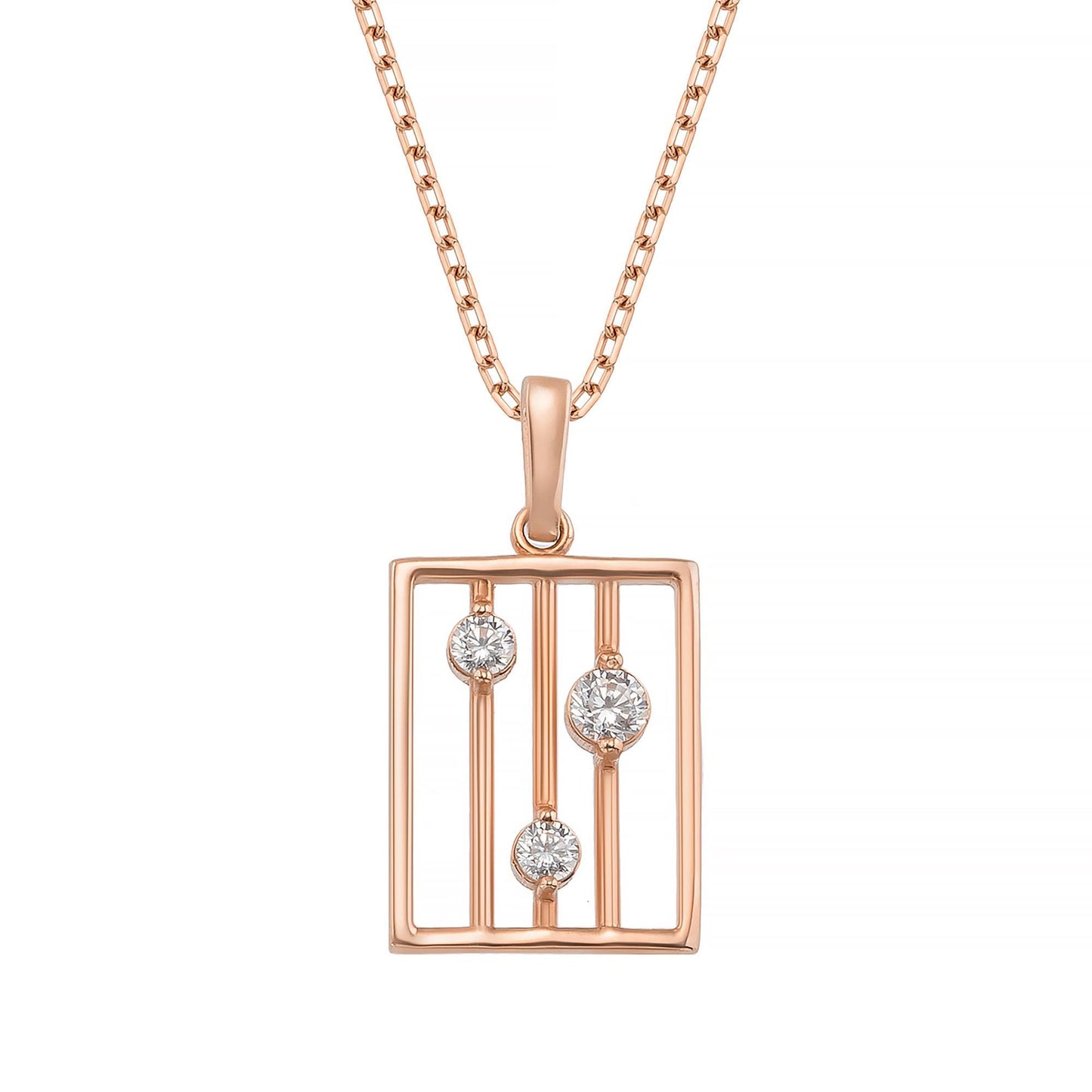 A rose gold necklace with a rectangular pendant featuring three diamonds set within a cage-like design.