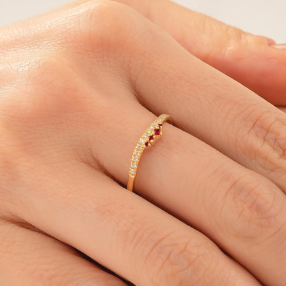 14K Solid Gold Crown Cluster Ruby Curved Ring, Minimal Stackable Crown Chevron Band