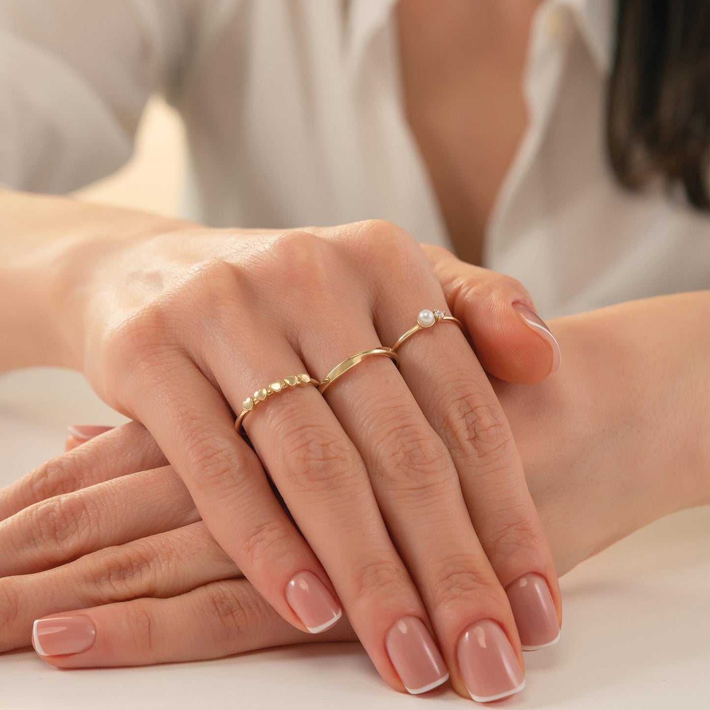 14K Solid Gold Pearl Ring with Tiny Diamond Accent, Dainty Minimalist Stacking Jewelry