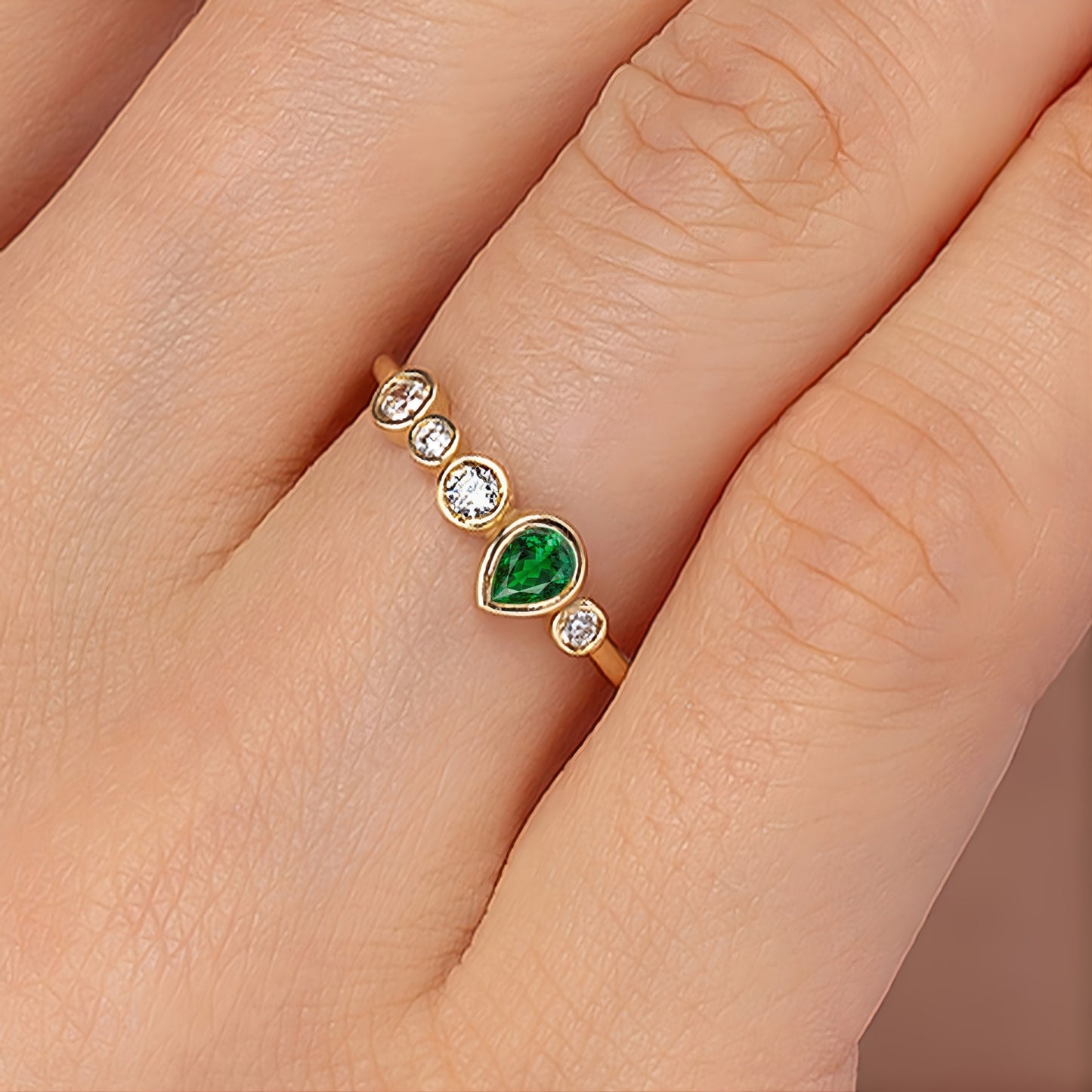 Emerald Pear Bezel Five-Stone Birthstone Solid Gold Ring