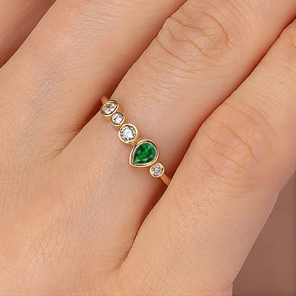 Emerald Pear Bezel Five-Stone Birthstone Solid Gold Ring