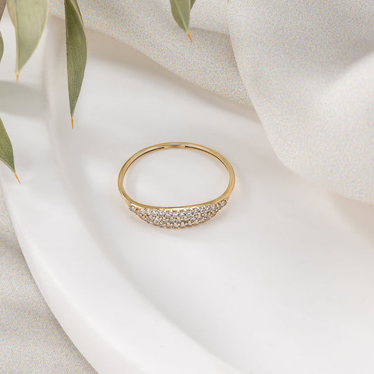 Pave Signet Solid Gold Dome Ring, Dainty Pinky Stacking Band for Women