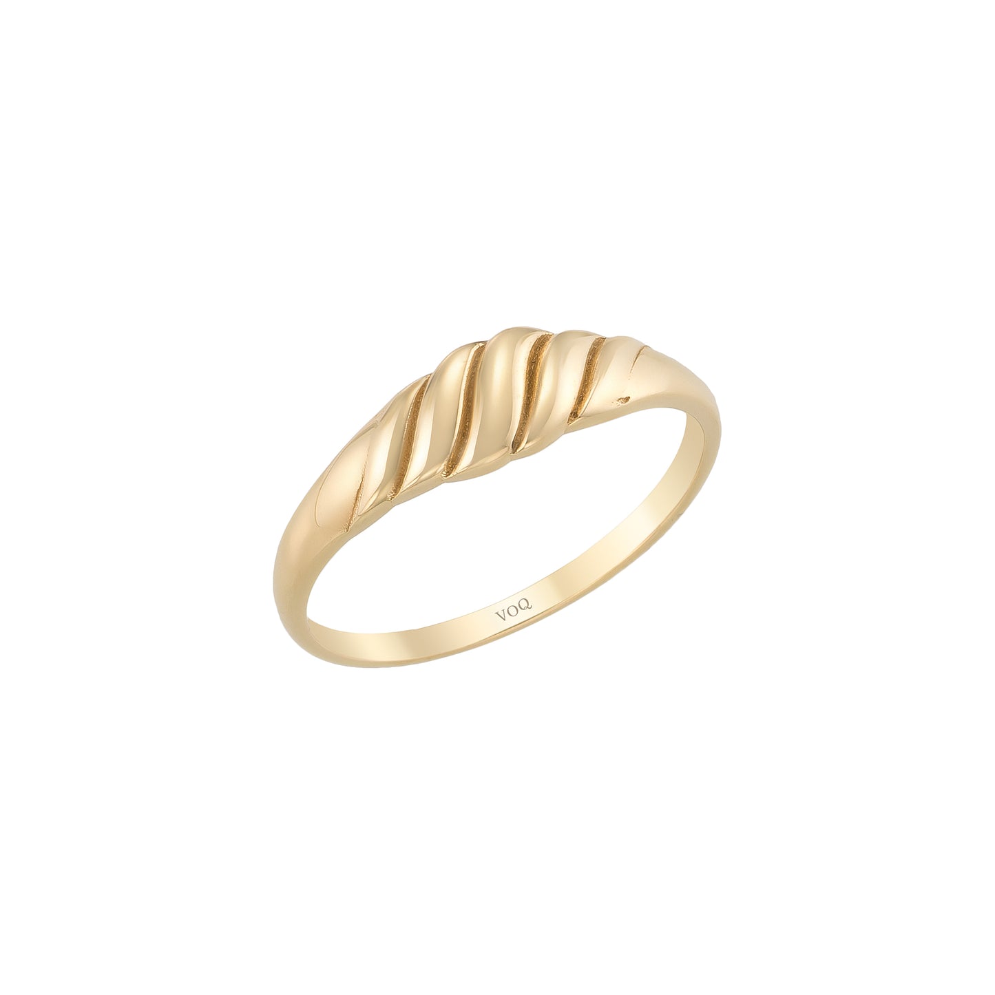 A gold ring with a curved band and a textured design.