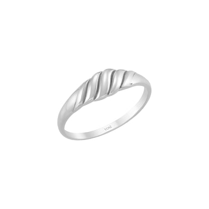 A silver ring with a curved band design.