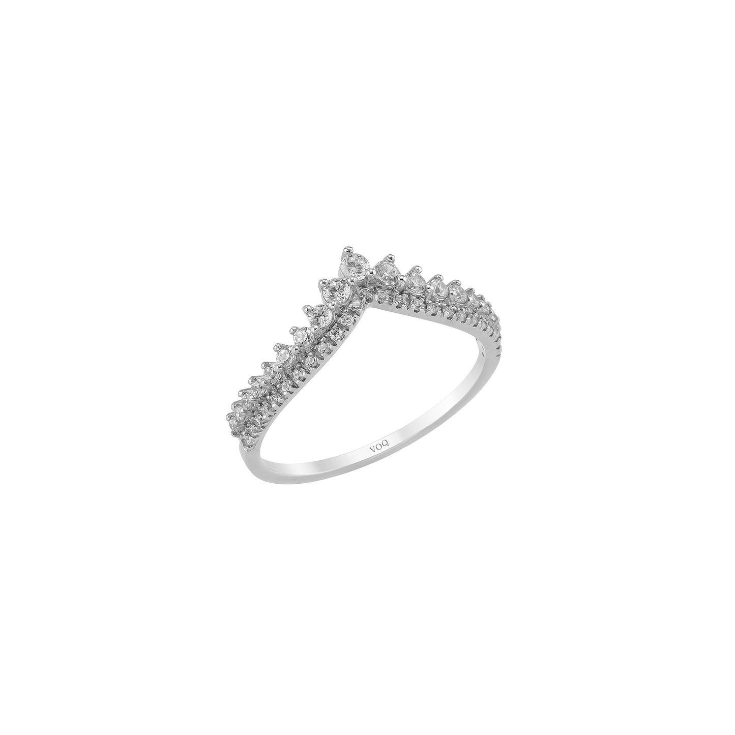 A silver ring with a row of small diamonds or stones set in a decorative pattern.
