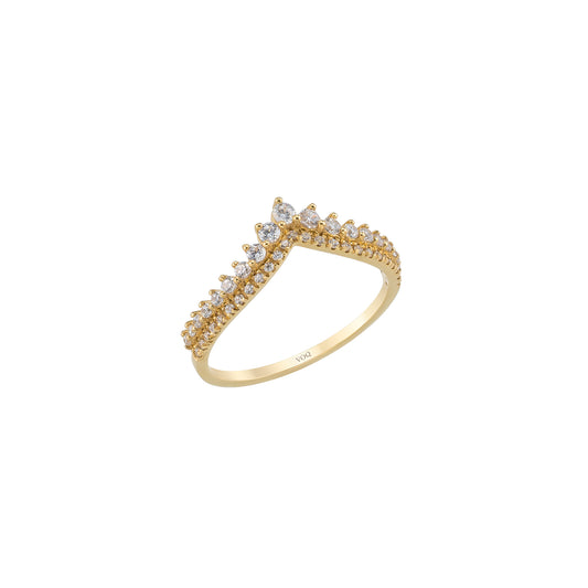 A gold ring with a diamond-encrusted band and a row of small diamonds arranged in a decorative pattern.