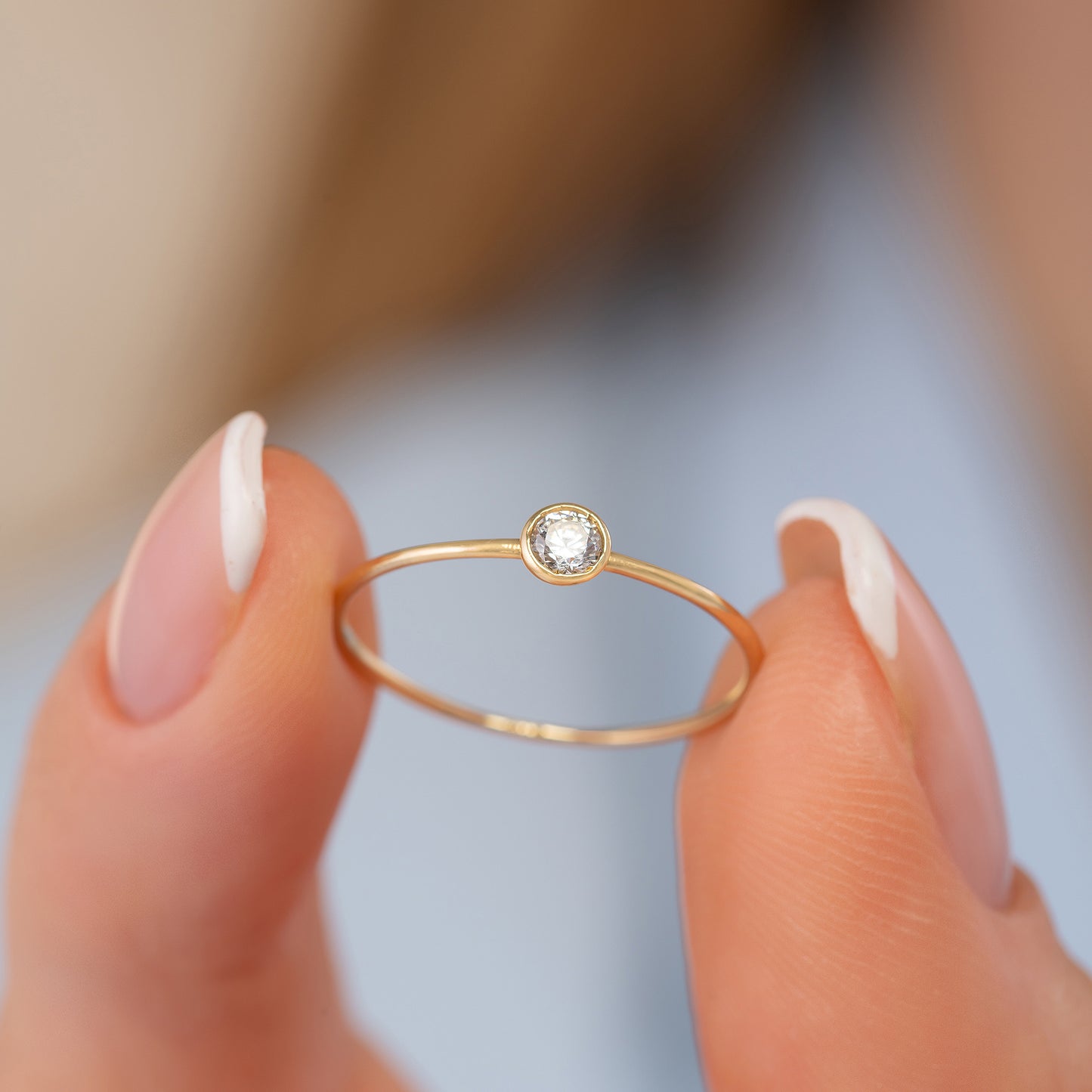 Tiny Bazel Solid Gold Single Birthstone Ring