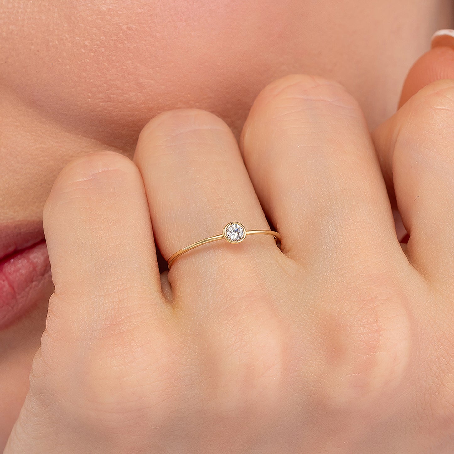 Tiny Bazel Solid Gold Single Birthstone Ring