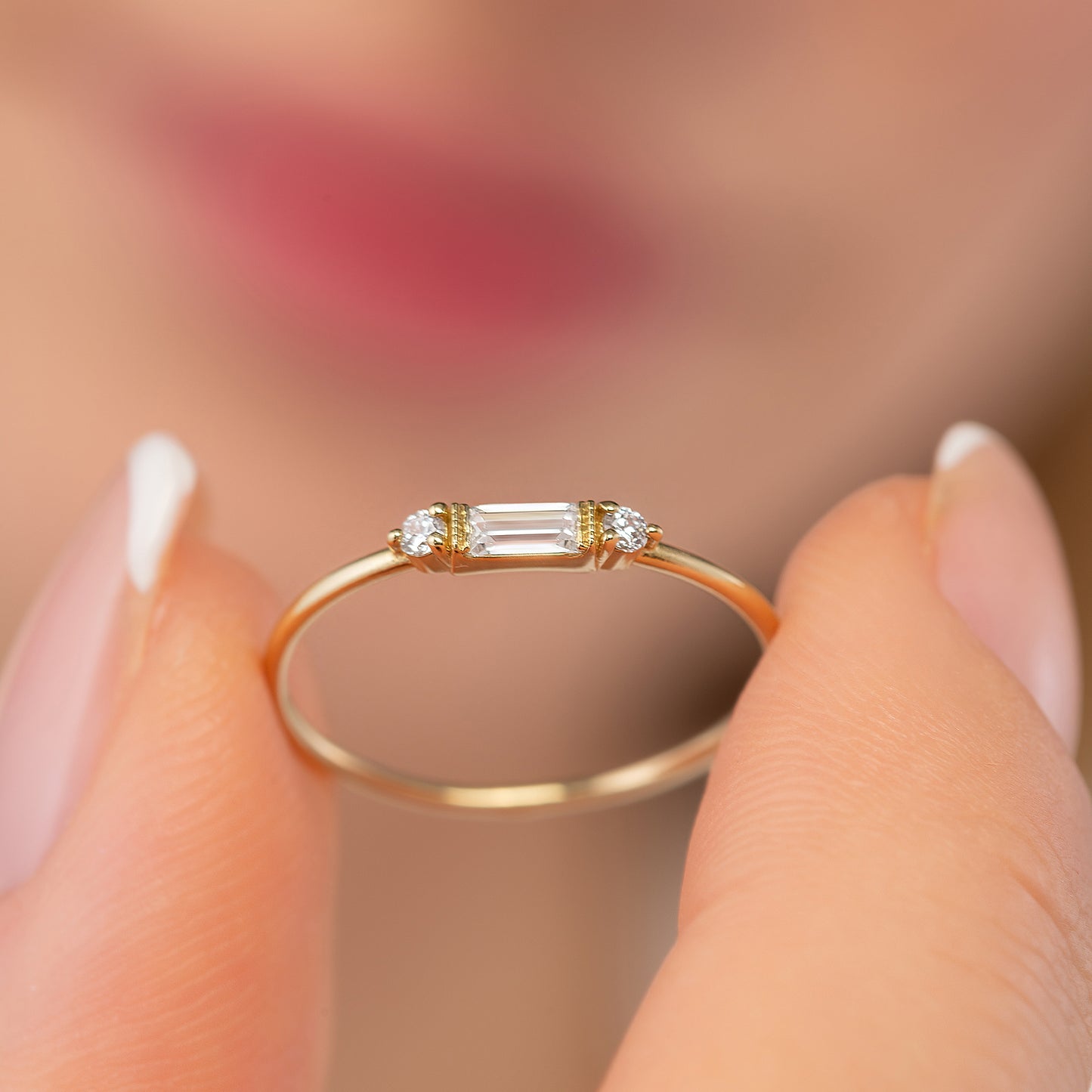 Emerald Baguette Birthstone Solid Gold Dainty Stacking Band