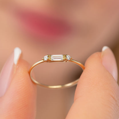 Emerald Baguette Birthstone Solid Gold Dainty Stacking Band