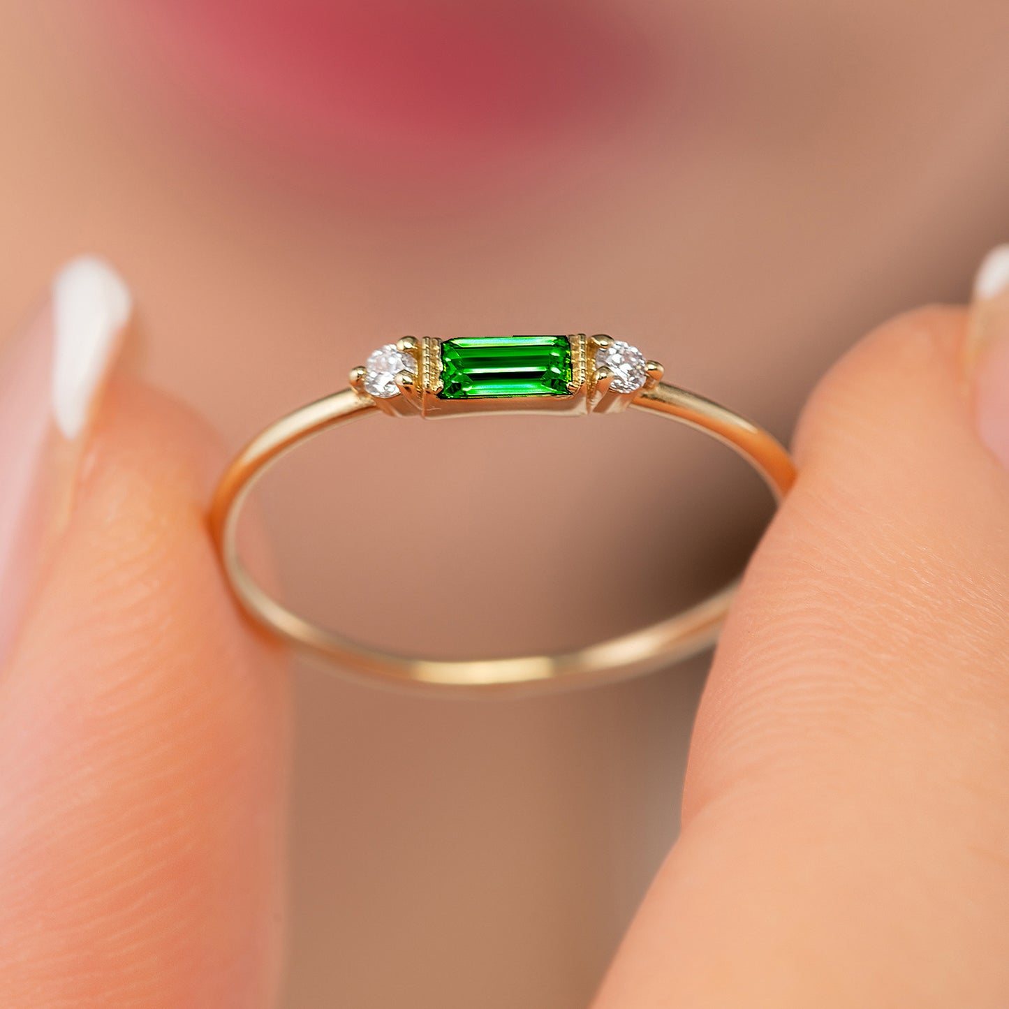 Emerald Baguette Birthstone Solid Gold Dainty Stacking Band