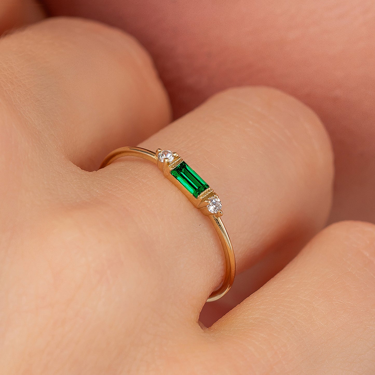 Emerald Baguette Birthstone Solid Gold Dainty Stacking Band
