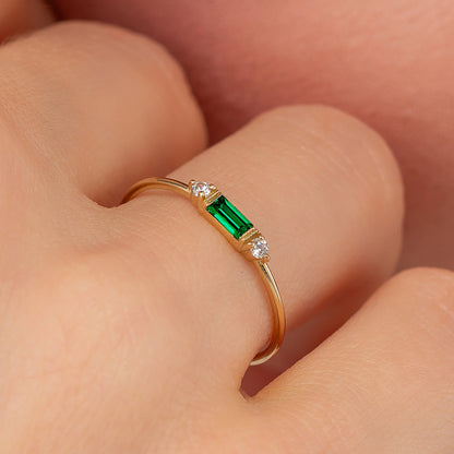 Emerald Baguette Birthstone Solid Gold Dainty Stacking Band