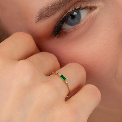 Emerald Baguette Birthstone Solid Gold Dainty Stacking Band