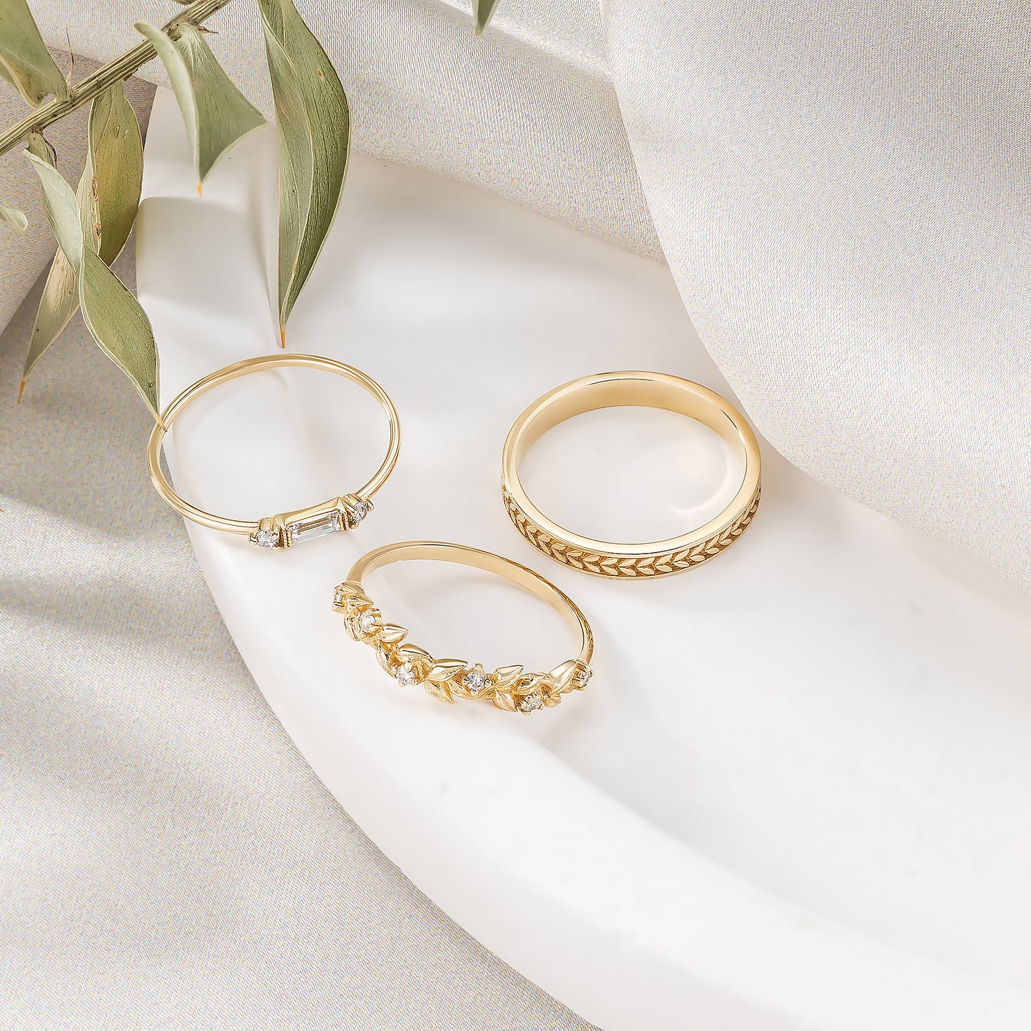 Emerald Baguette Birthstone Solid Gold Dainty Stacking Band