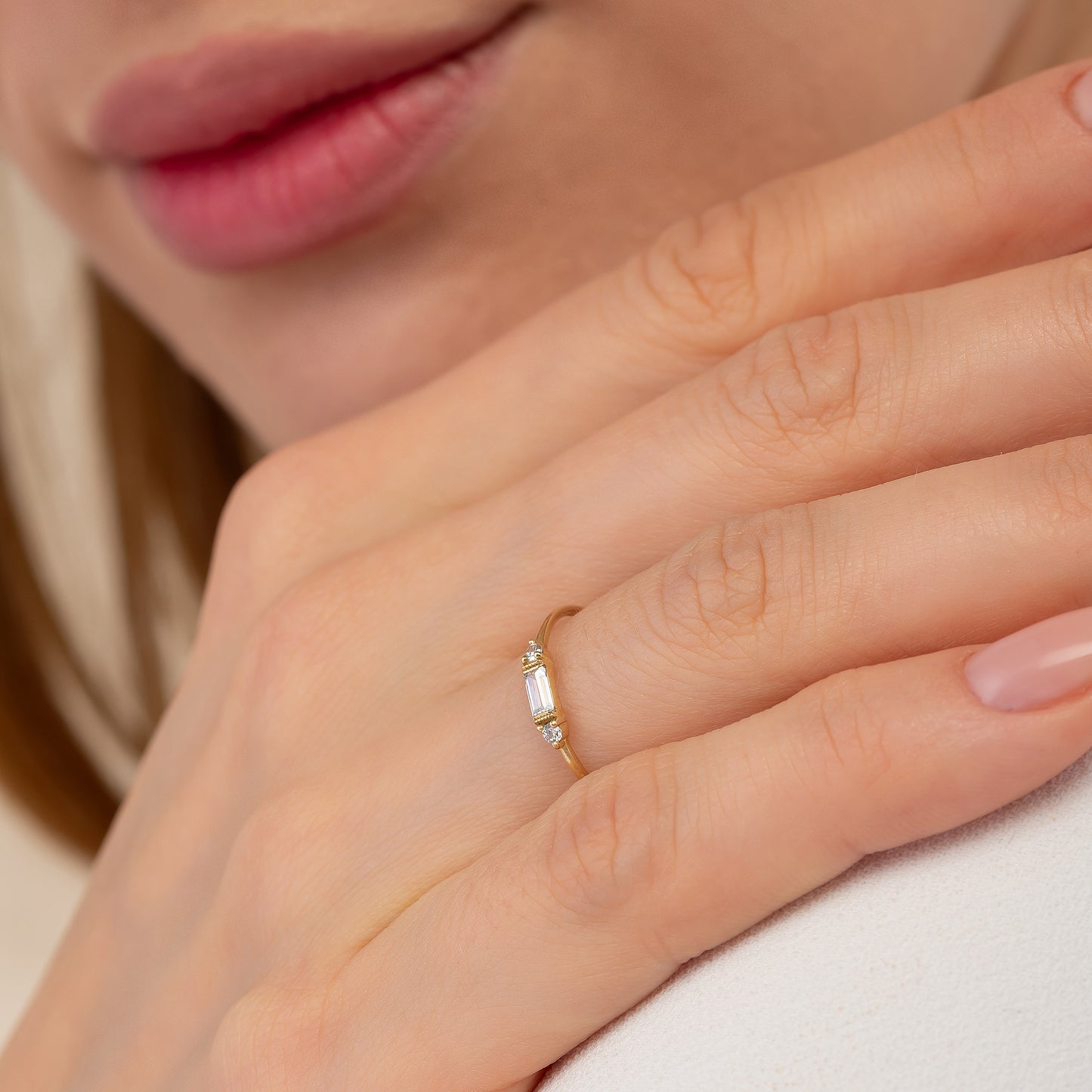 Emerald Baguette Birthstone Solid Gold Dainty Stacking Band