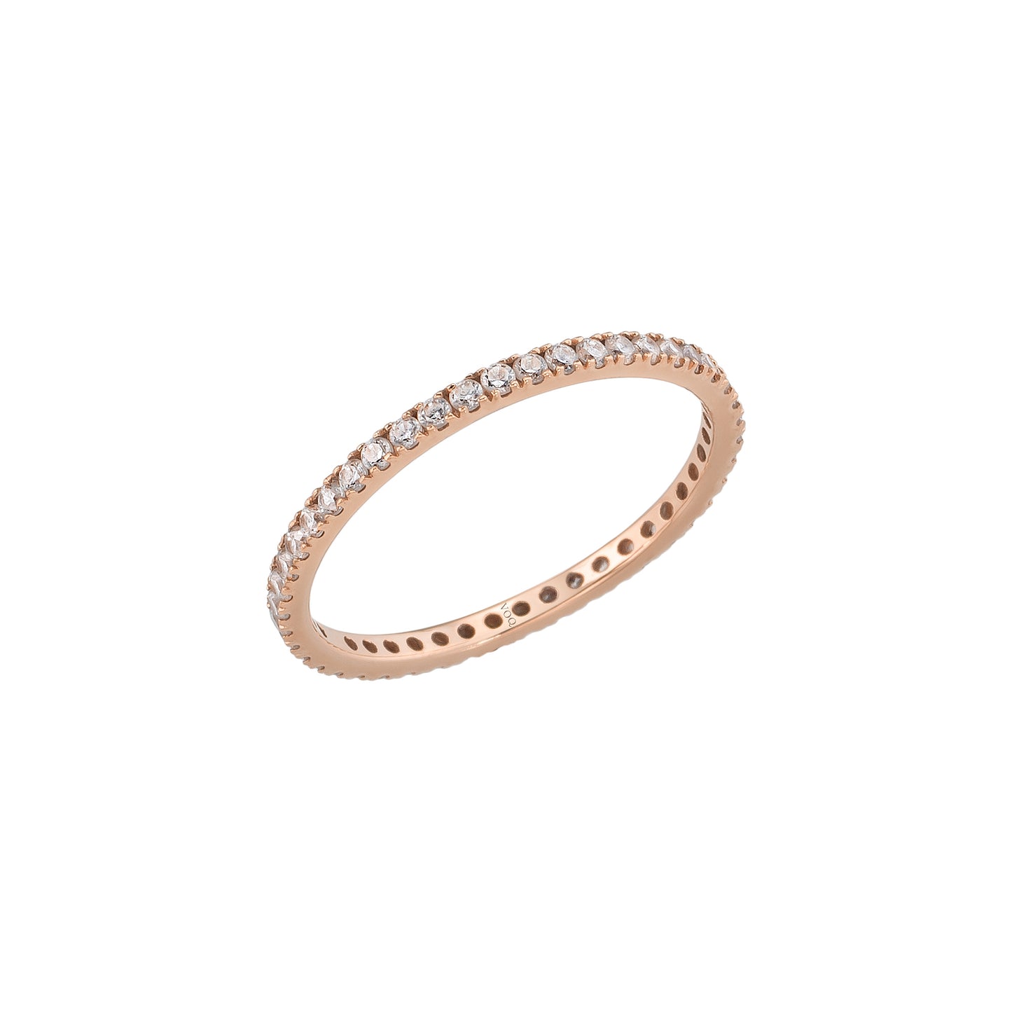 A rose gold ring with a row of small diamonds set in the band.