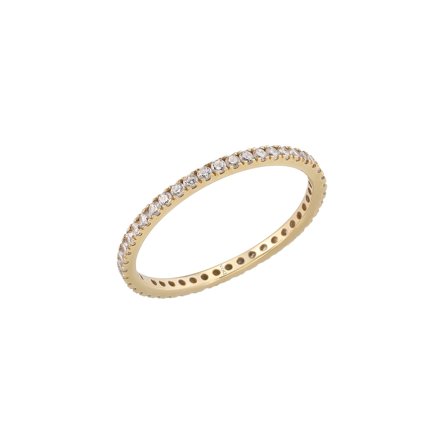 A gold ring with a row of small diamonds set in the band.