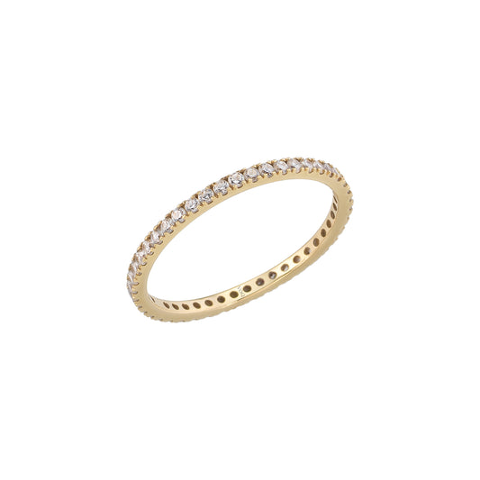 A gold ring with a row of small diamonds set in the band.