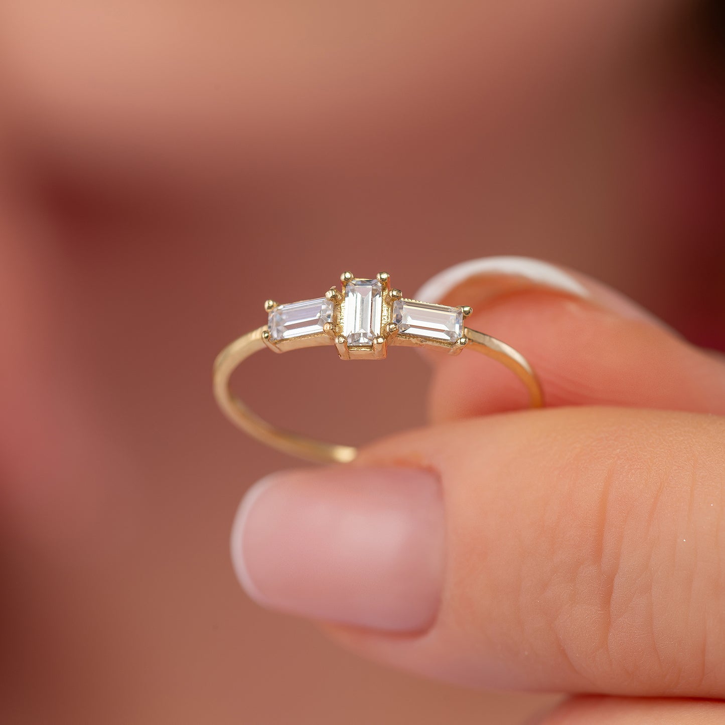 Three Stone Baguette Solid Gold Minimalist Stackable Ring